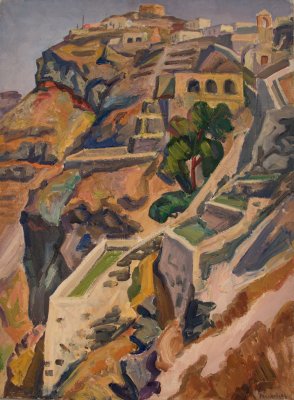 Santorini Upland, No Sea, Arid — Oil painting, Canvas, 54.00×73.00cm — Theodoros Markellos